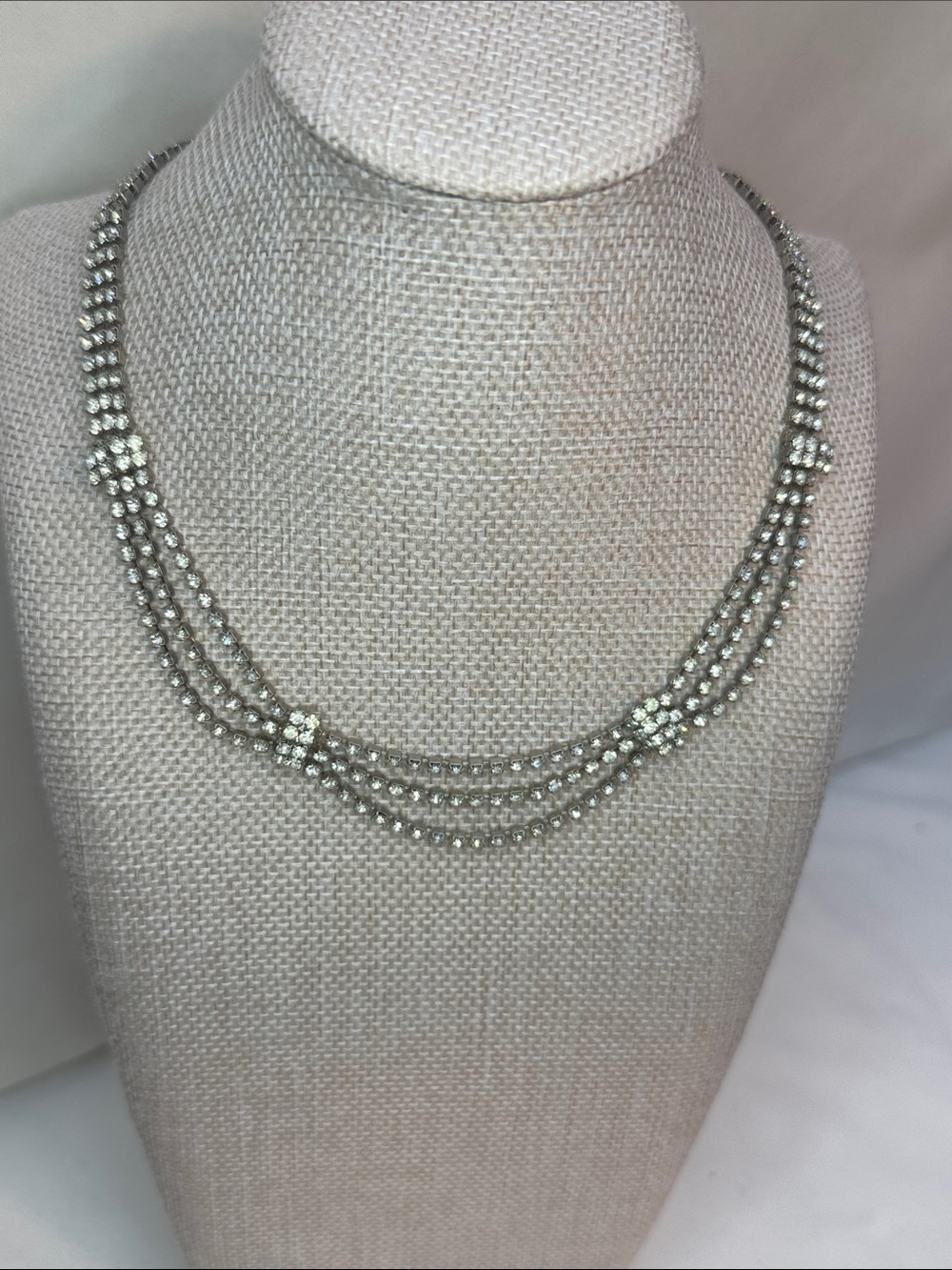 Silver Crystal Rhinestone Three-Strand Statement Necklace